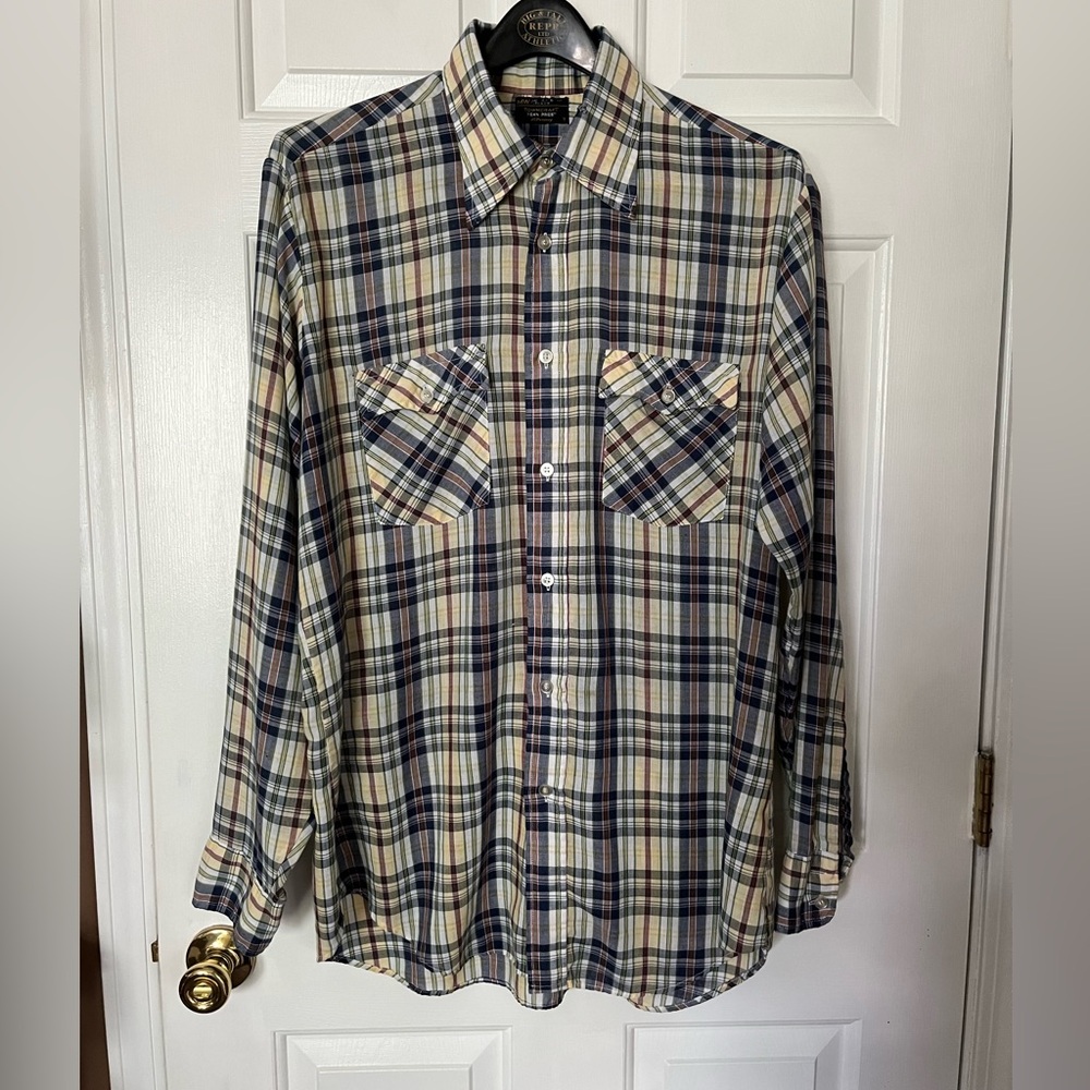 Vtg Men Plaid Button Front 2XT Shirt 1970’s Long Sleeve JCPenney Lightweight